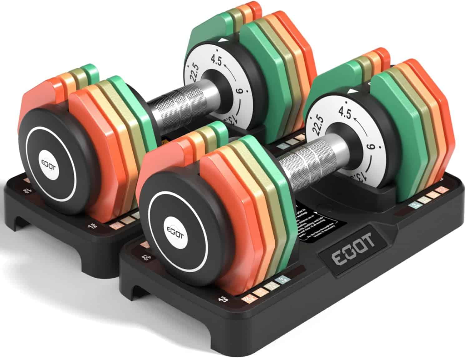 Colorful dumbbells with weight markings on a white background