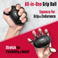 Black grip ball being used by hands with text describing its features on a red and gray background