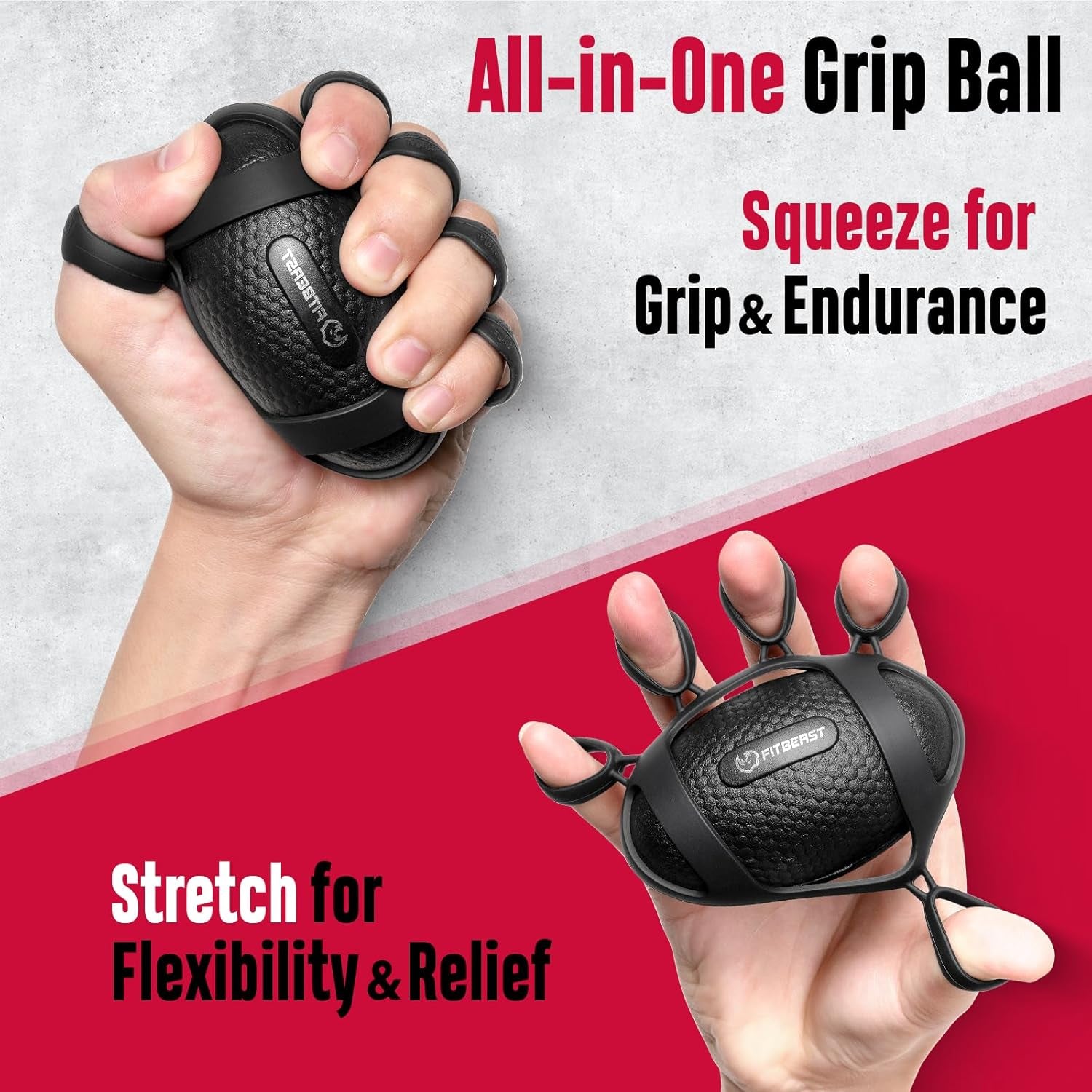 Black grip ball being used by hands with text describing its features on a red and gray background