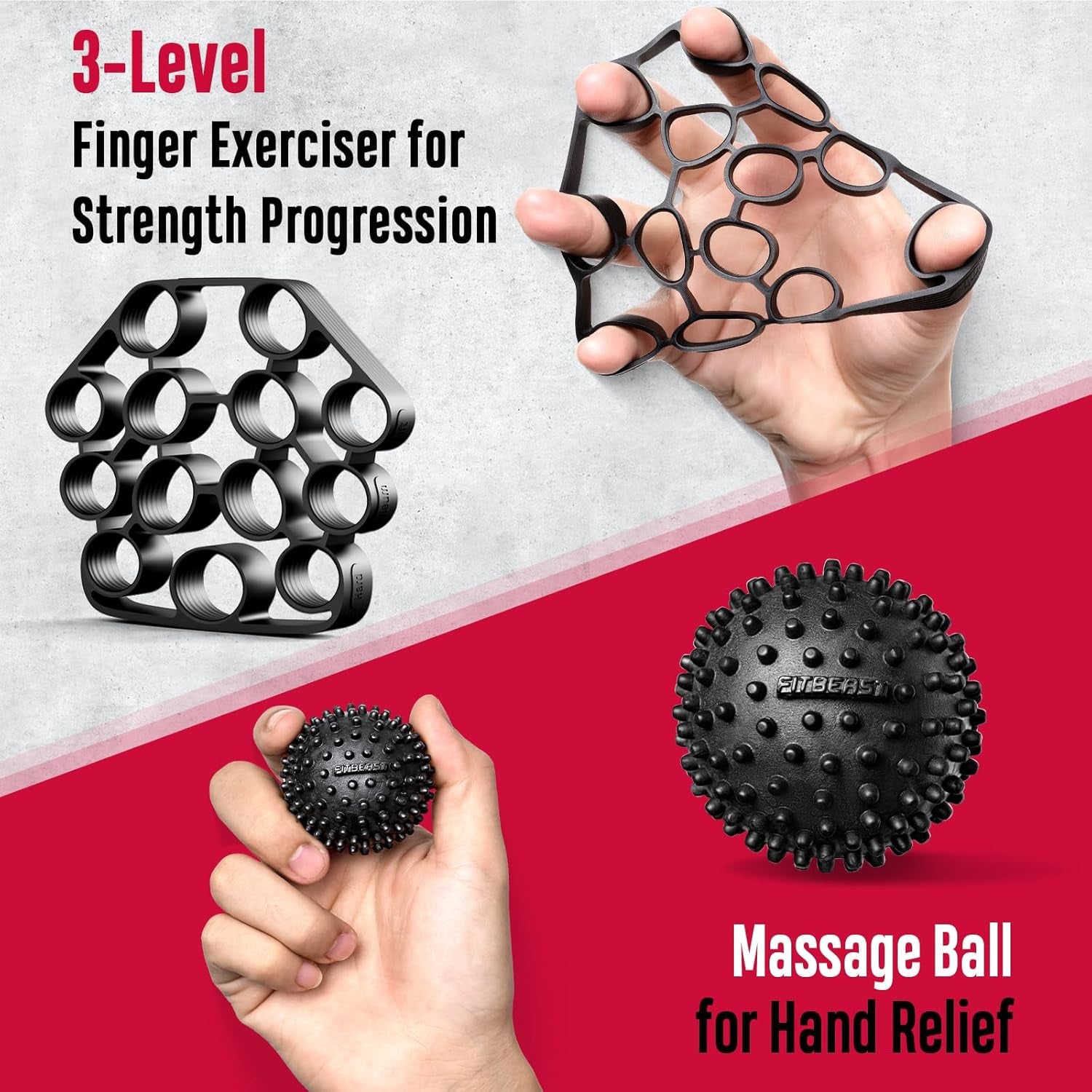 Finger exerciser and massage ball for hand relief on a red and gray background