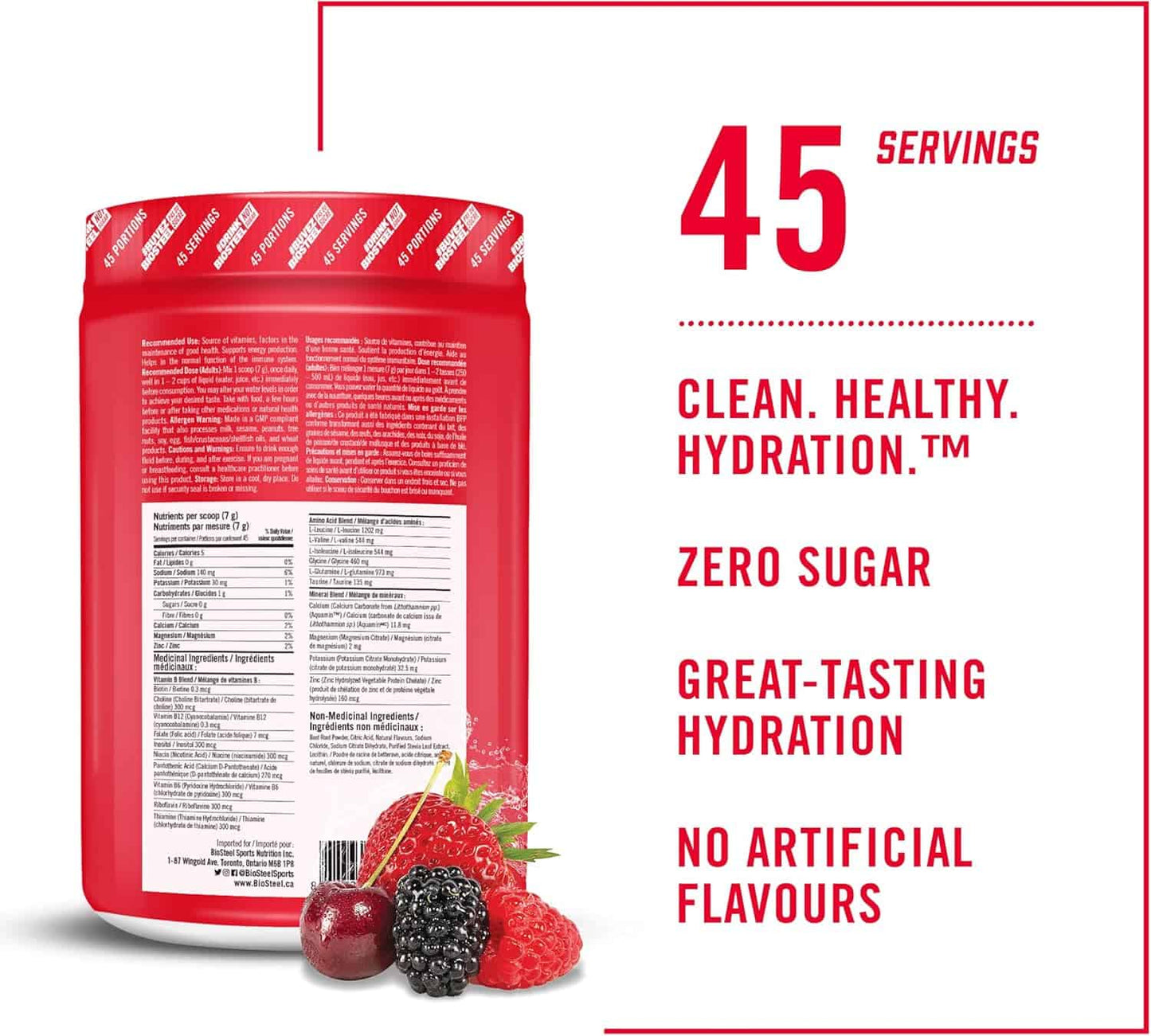 Red container of a hydration supplement with berries and promotional text on a white background