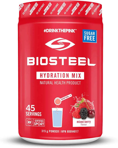 Red container of Biosteel Hydration Mix on a white background