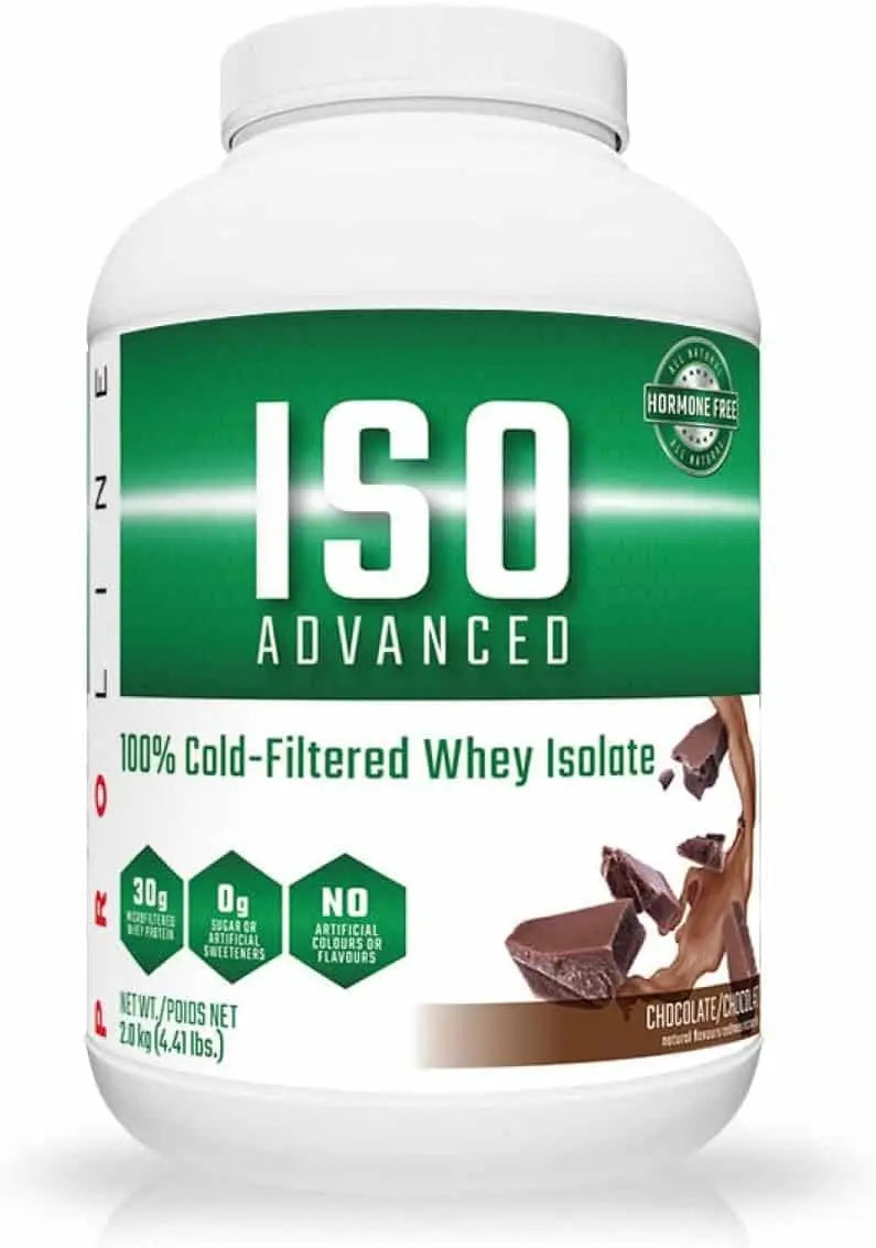 ISO Advanced whey isolate protein powder container on a white background