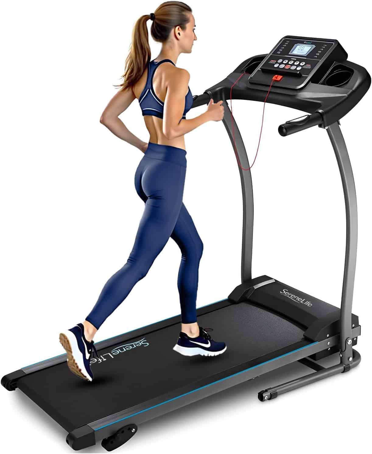 Woman using a treadmill with a white background
