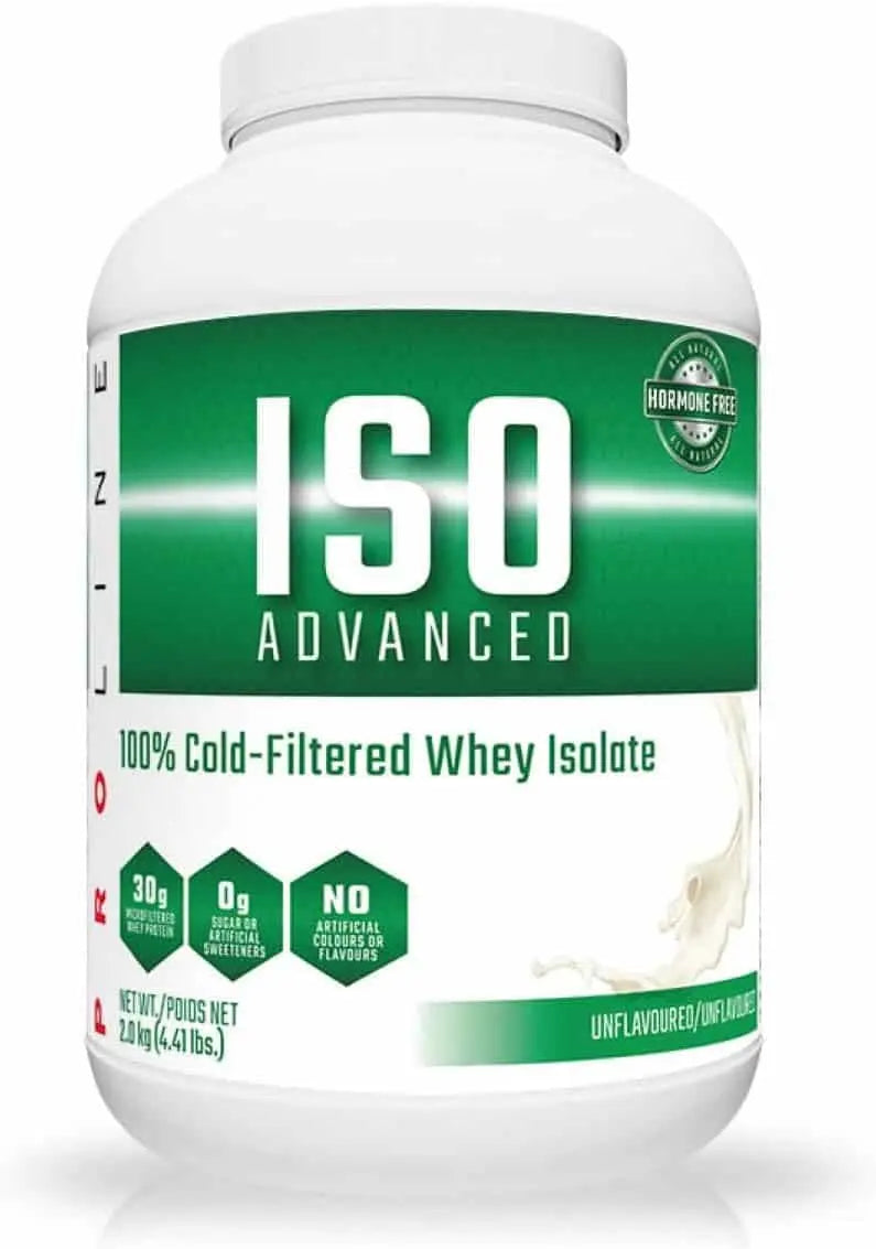 ISO Advanced whey isolate protein powder container on a white background