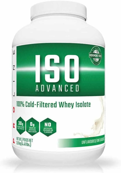 ISO Advanced whey isolate protein powder container on a white background