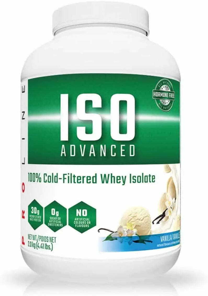ISO Advanced whey isolate protein powder container on a white background