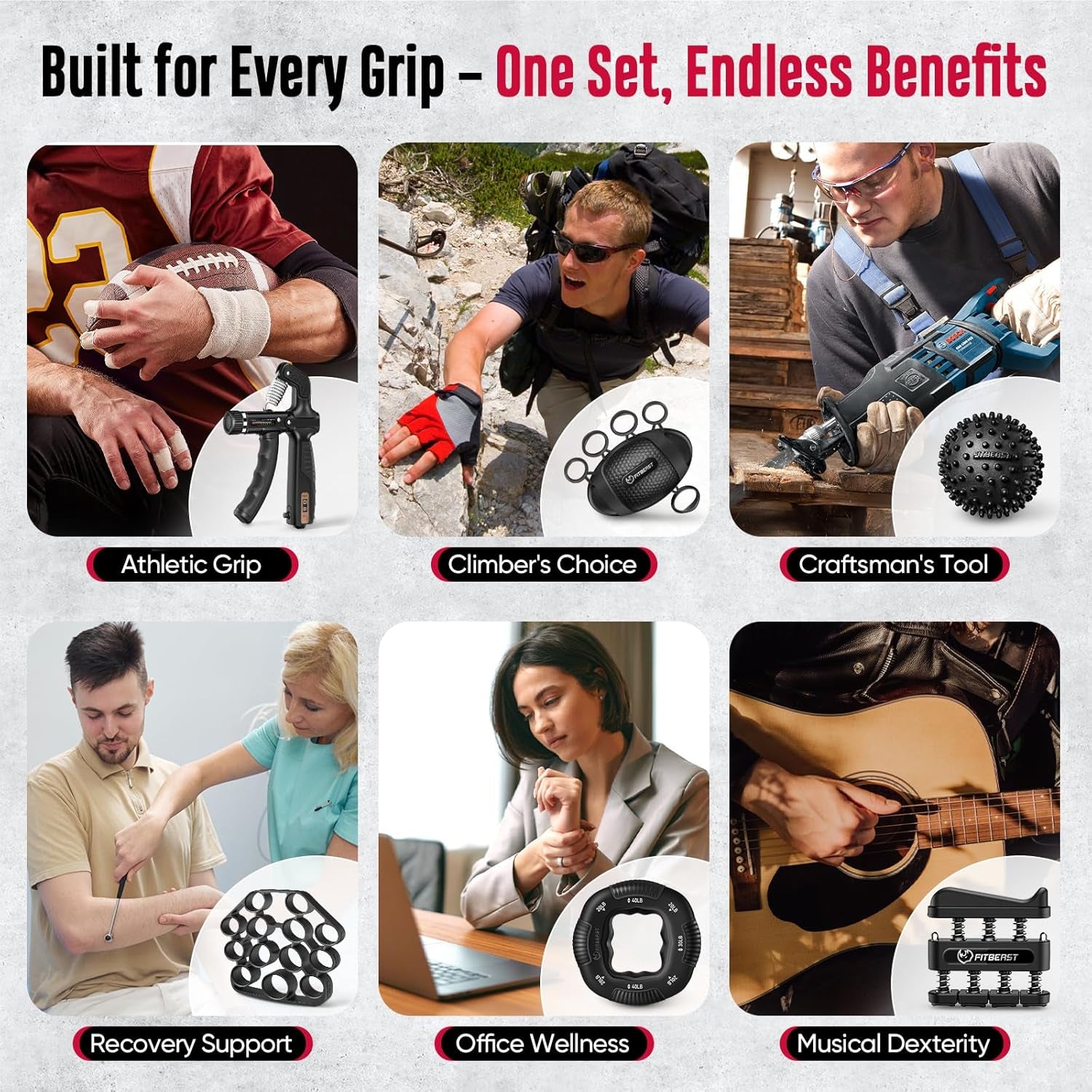 Product advertisement showing various uses of a tool for athletic, climber's, craftsman's, recovery, office, and musical purposes.