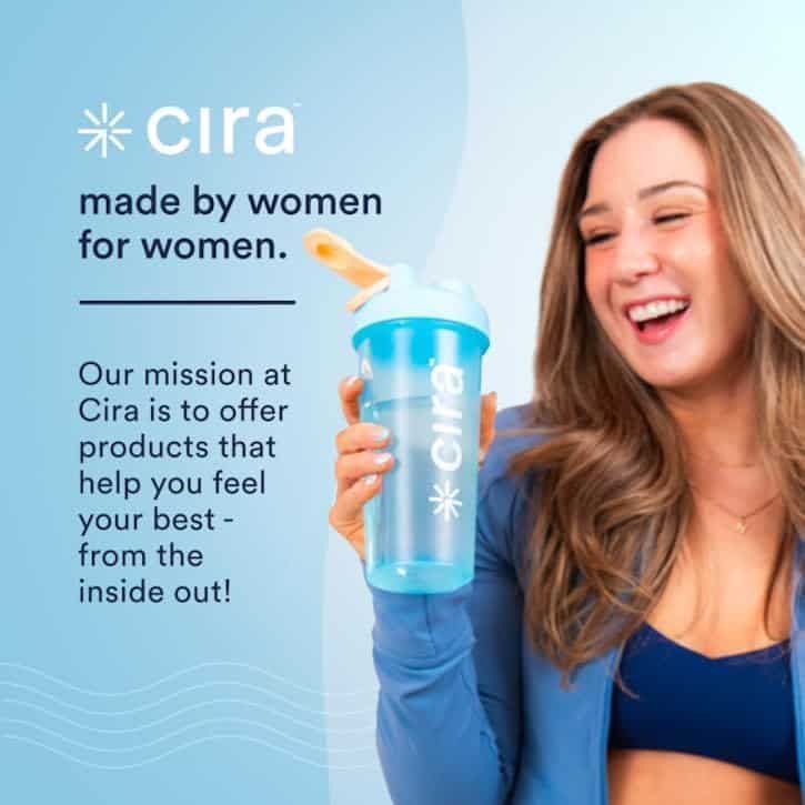Woman holding a Cira product with promotional text on a light blue background