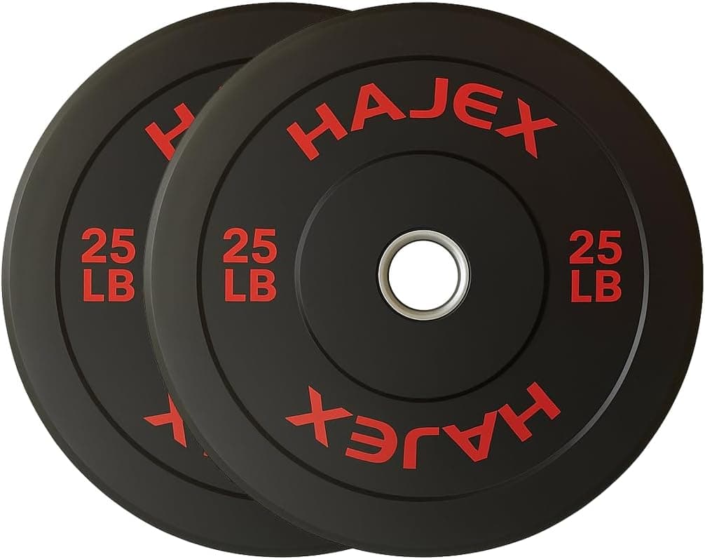 Three black weight plates with red 'Hajex' branding and '25 LB' marking on a white background.