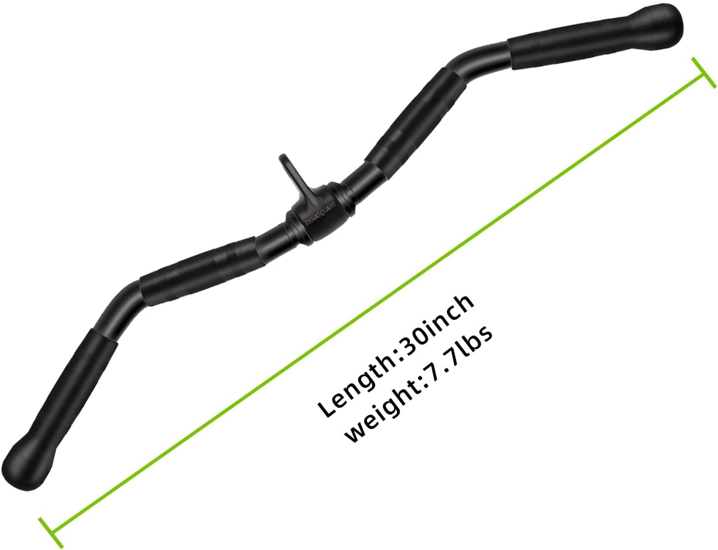 Black curved barbell with measurements on a white background