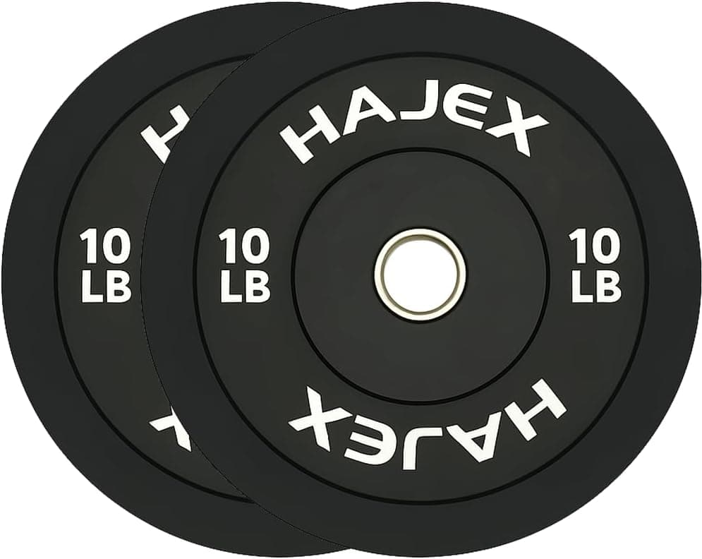 Three black weight plates with 'Hajex' branding and '10 LB' marking on a white background.