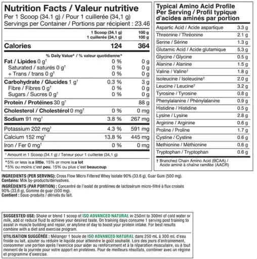 Nutrition facts label for a protein supplement with detailed nutritional information.