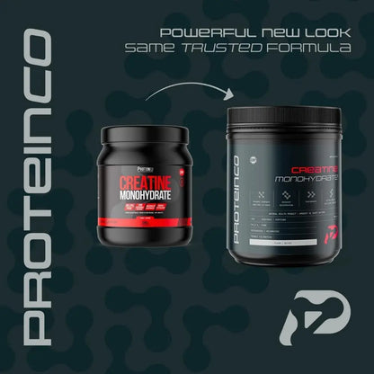 Two protein supplement containers with 'ProteinCo' branding on a dark background.