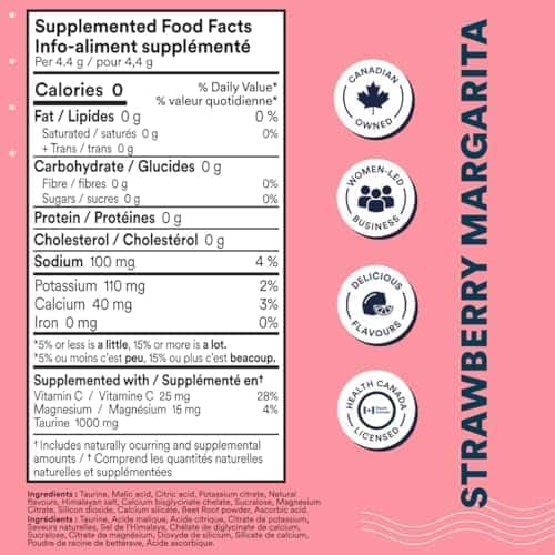 Supplemented food facts label for a strawberry margarita on a pink background