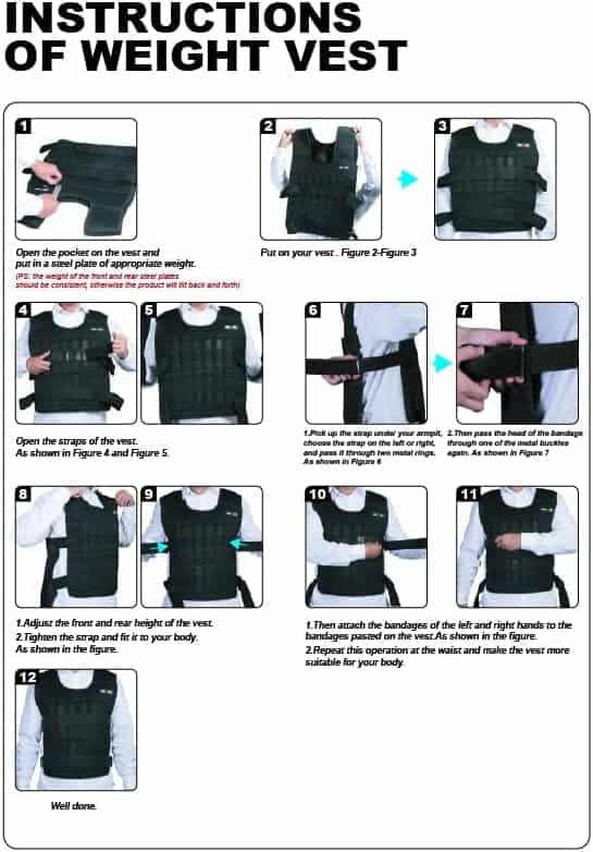Instructions for wearing a weight vest with step-by-step diagrams.