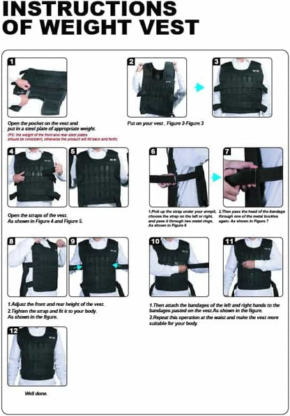 Instructions for wearing a weight vest with step-by-step diagrams.