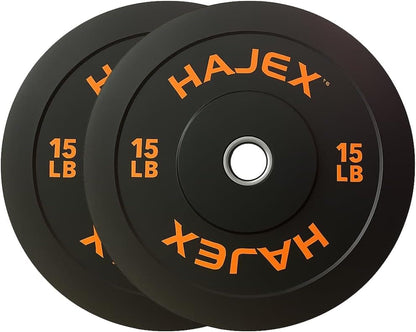 Three black weight plates with orange 'HAJEX' branding on a white background