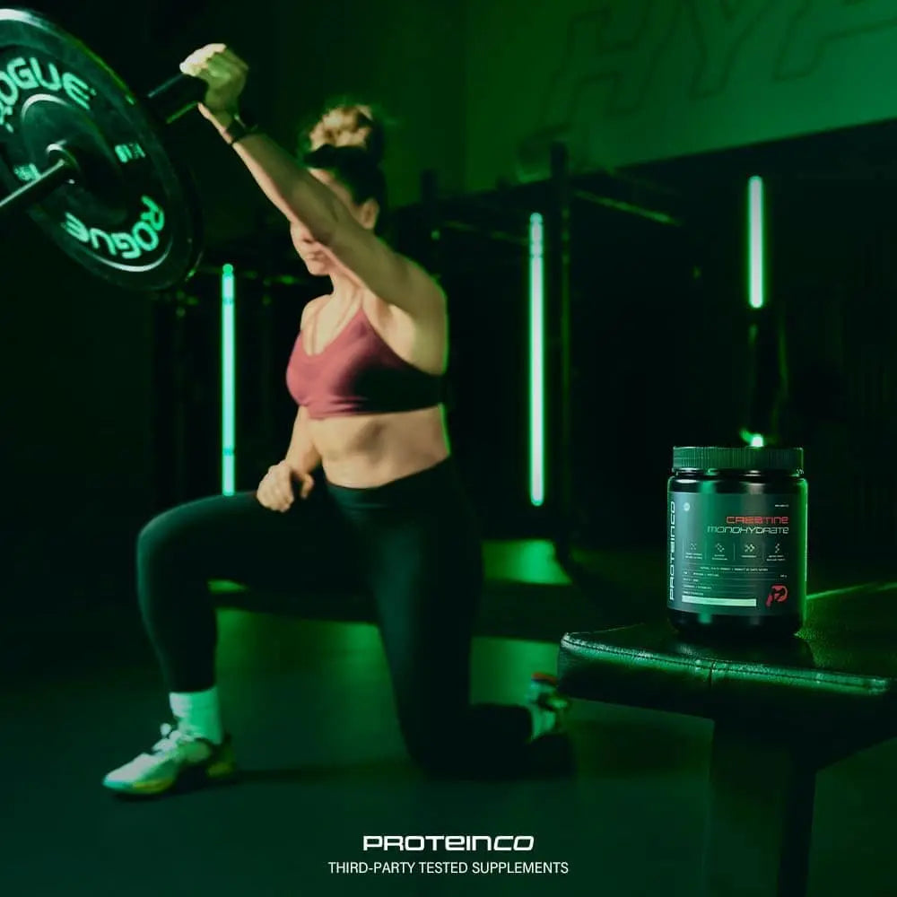 Person lifting weights with a supplement container labeled 'ProteinCo' in the foreground.