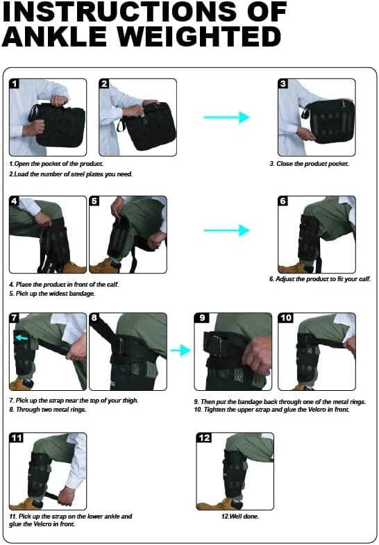 Instructions for using an ankle weighted device with numbered steps.