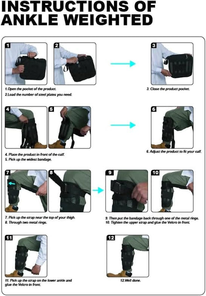 Instructions for using an ankle weighted device with numbered steps.