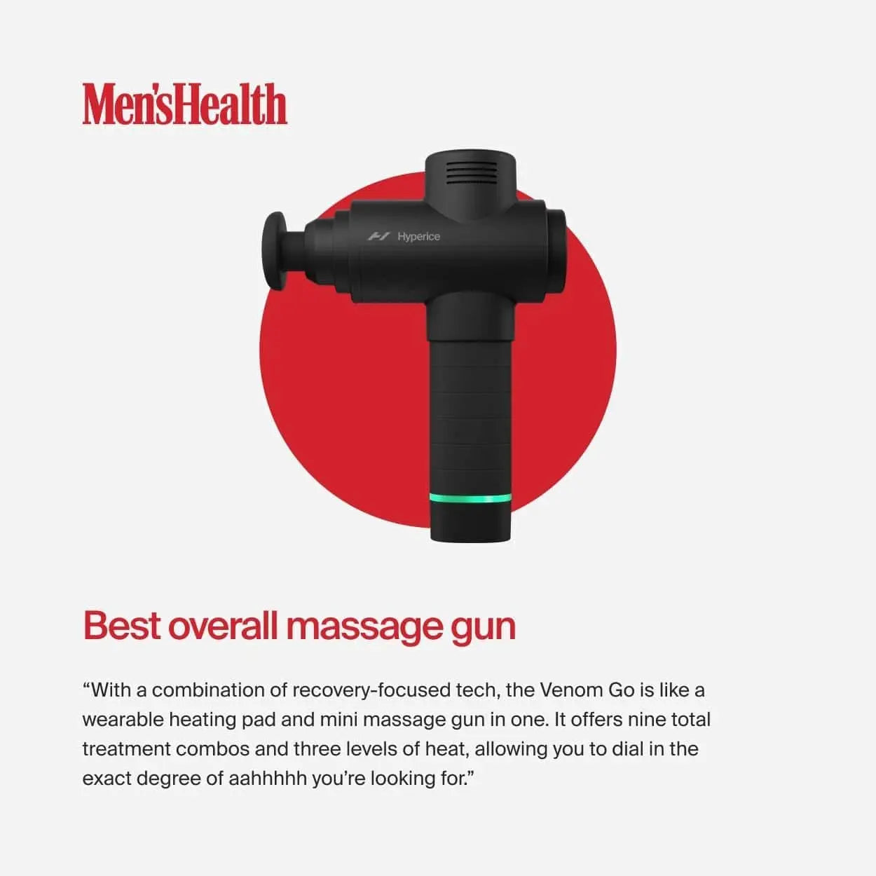 Black massage gun with red circle and Men's Health logo on a white background