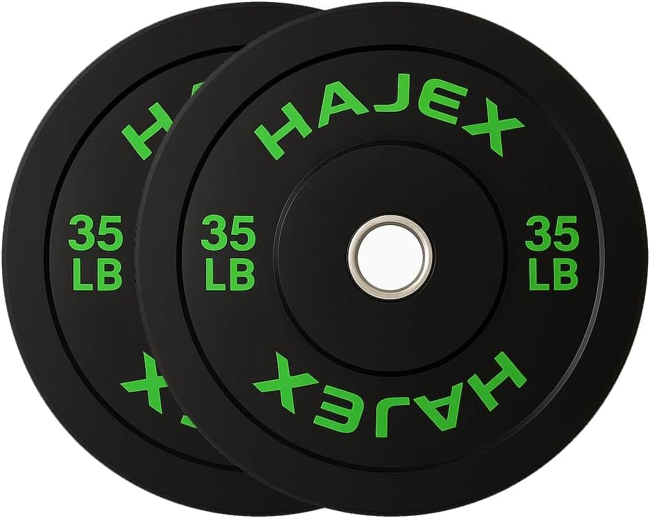 Two black weight plates with green 'Hajex' branding and '35 LB' marking on a white background.