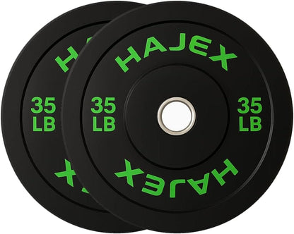 Two black weight plates with green 'Hajex' branding and '35 LB' marking on a white background.