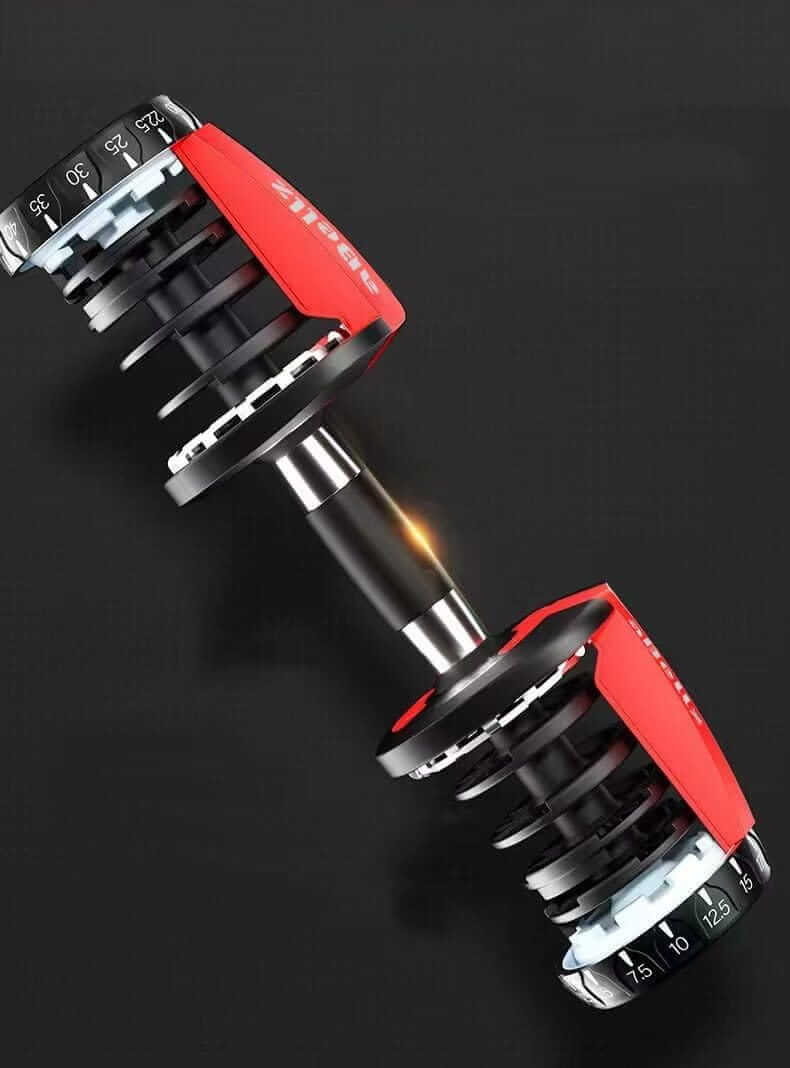 Pair of dumbbells with red and black design on a dark background