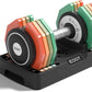 Colorful dumbbell set with weight plates on a white background