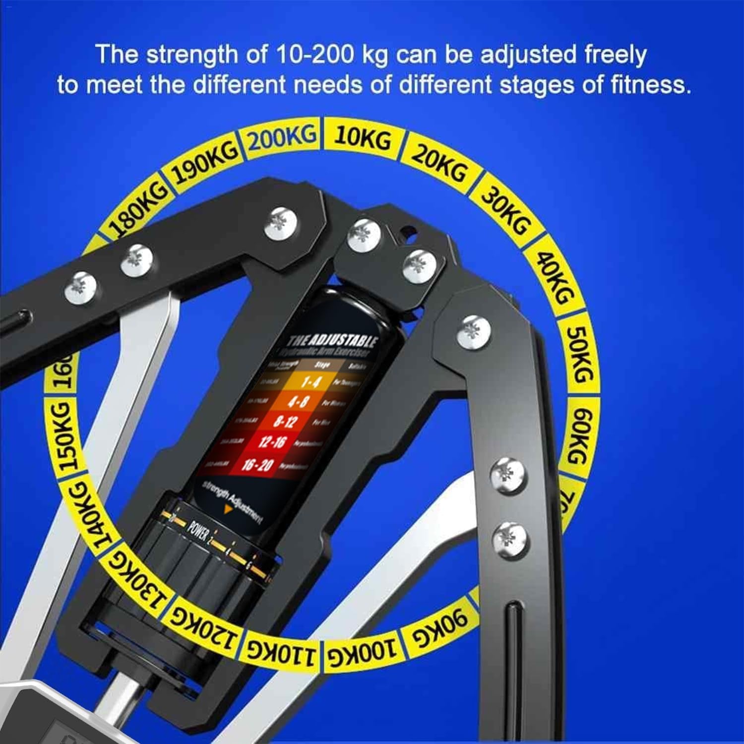 Fitness equipment with weight measurement display on a blue background