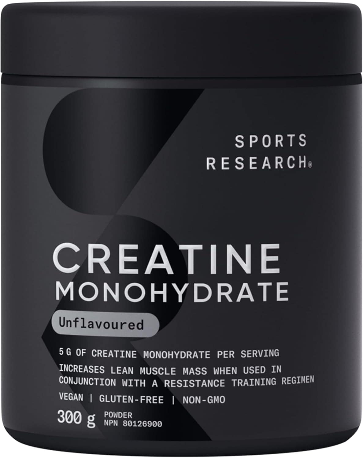Black container of Sports Research Creatine Monohydrate powder on a black background