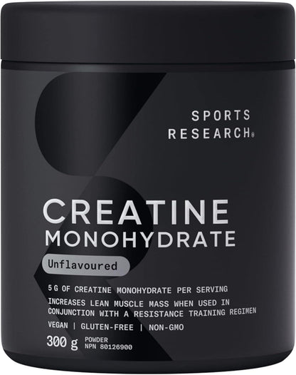 Black container of Sports Research Creatine Monohydrate powder on a black background