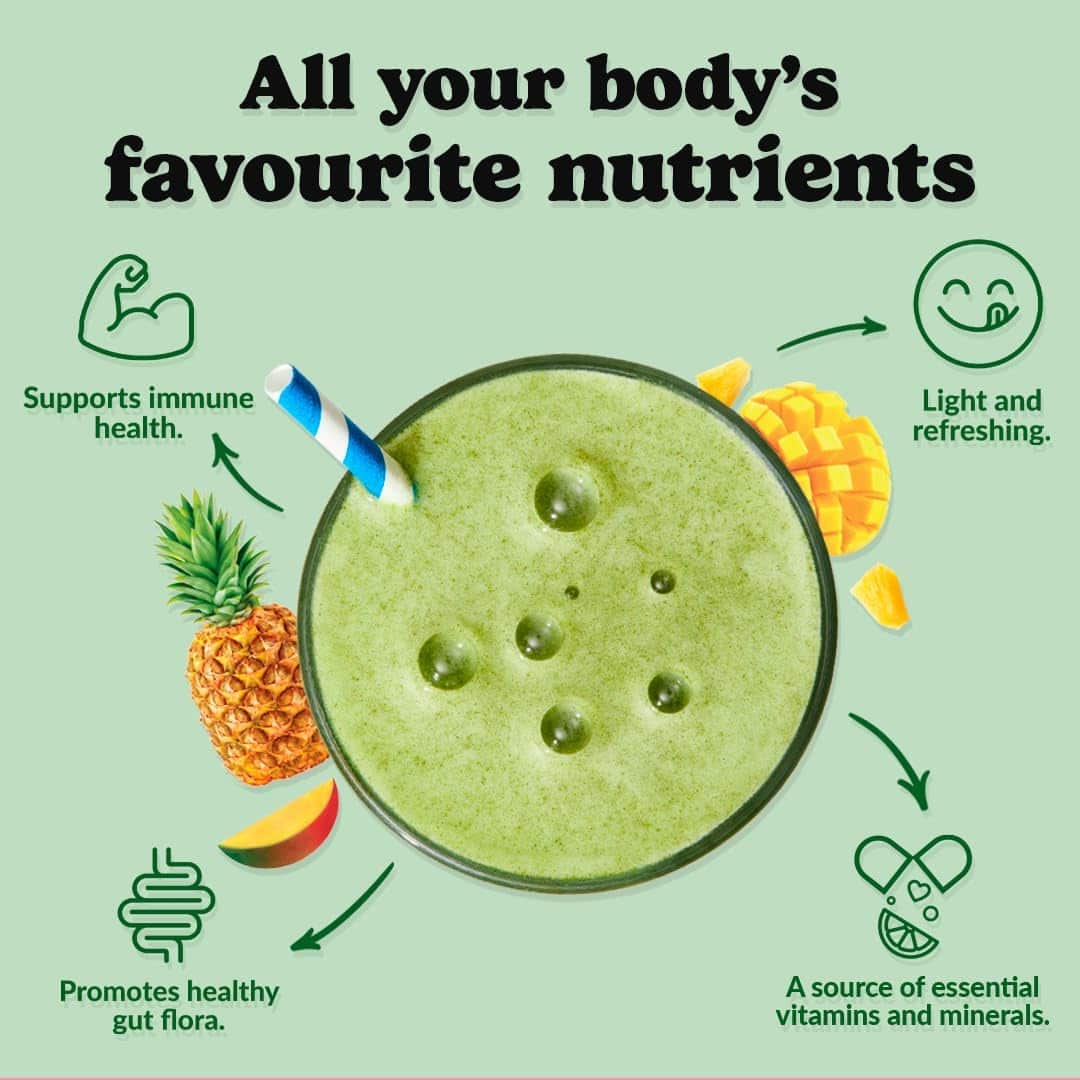 Green smoothie with ingredients and health benefits on a green background