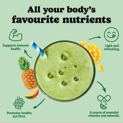 Green smoothie with ingredients and health benefits on a green background