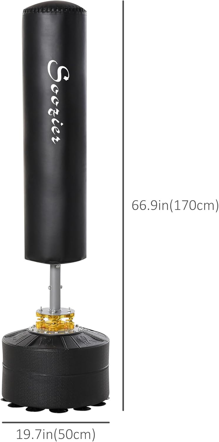 Black freestanding punching bag with measurement details on a white background