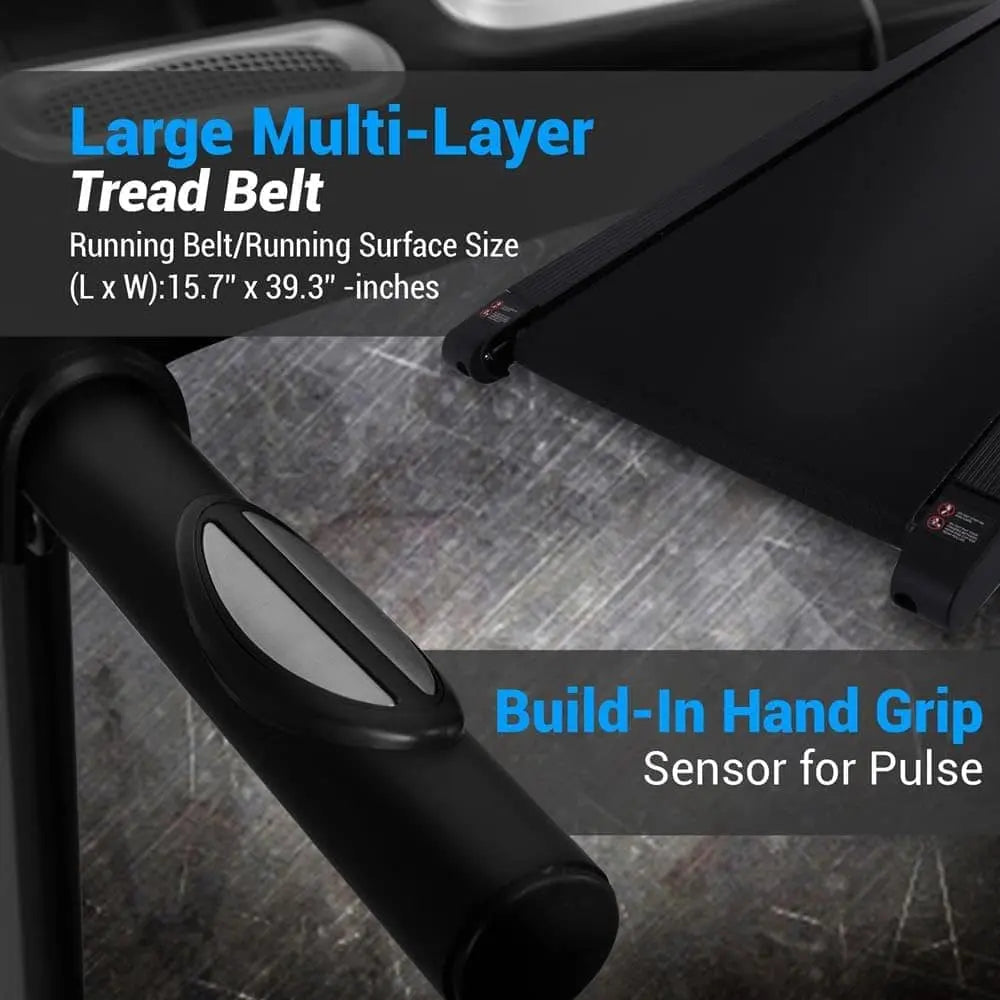 Exercise machine with large multi-layer tread belt and build-in hand grip sensor on a wooden floor.