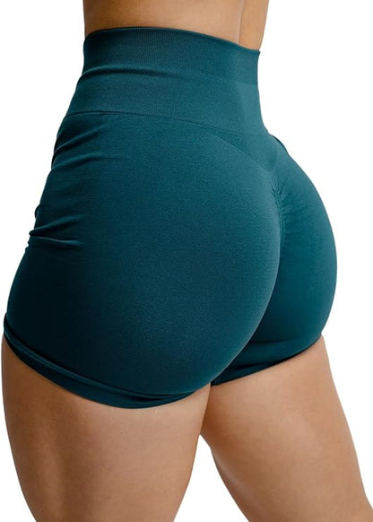 Teal high-waisted shorts on a white background