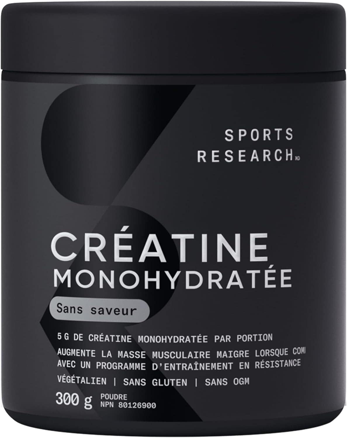 Black container of Sports Research Creatine Monohydrate powder with white text.