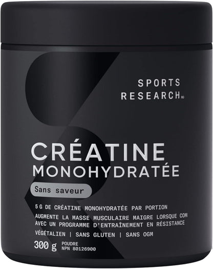 Black container of Sports Research Creatine Monohydrate powder with white text.