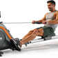 Man using a rowing machine with Yosuda branding on a white background