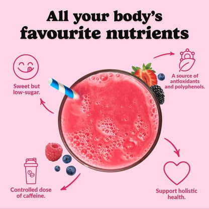Pink smoothie with ingredients and health benefits on a pink background