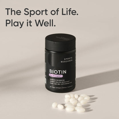 Sports Research Vegan Biotin 10000mcg Softgels – 120ct with white softgels displayed on a beige background.