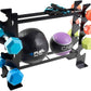 Fitness equipment rack with medicine balls and dumbbells on a white background