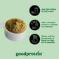 Instructions for preparing a protein shake with a scoop of powder and 'goodprotein' branding.
