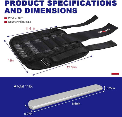Product specifications and dimensions of a black weight vest with counterweight system on a blue background.