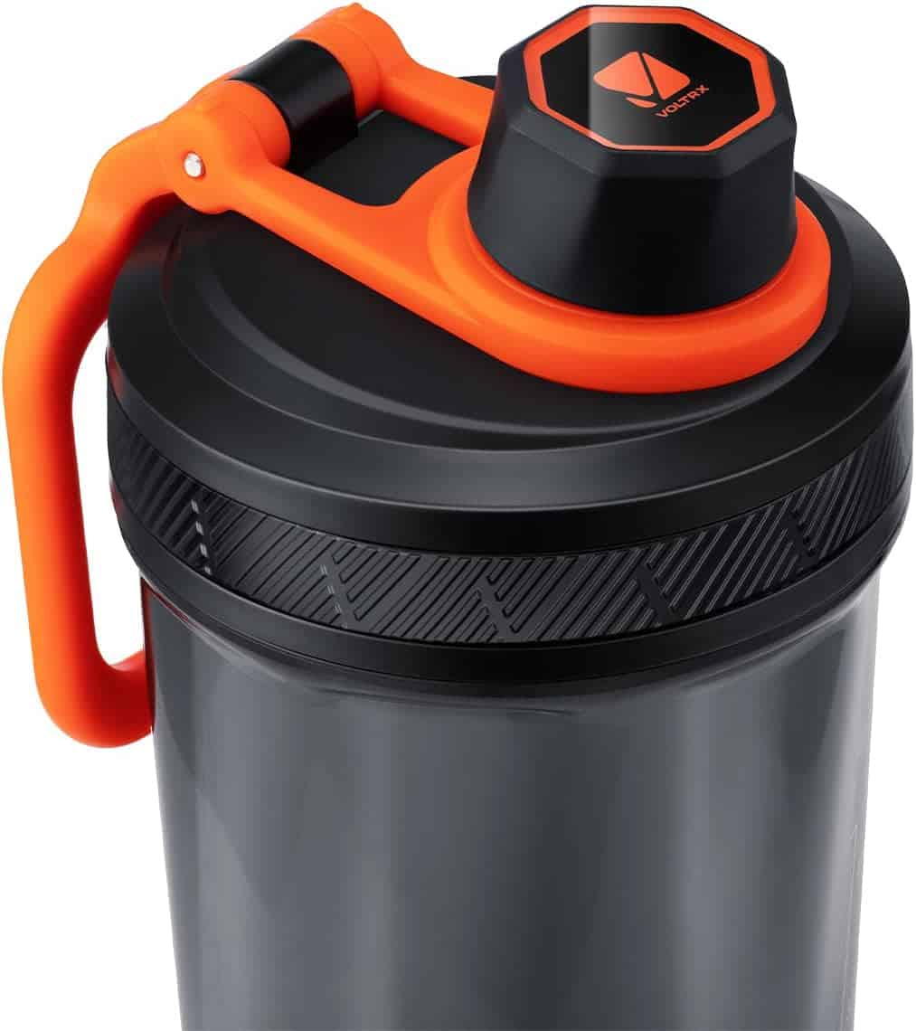 Black and orange shaker bottle with a hexagonal logo on the cap.