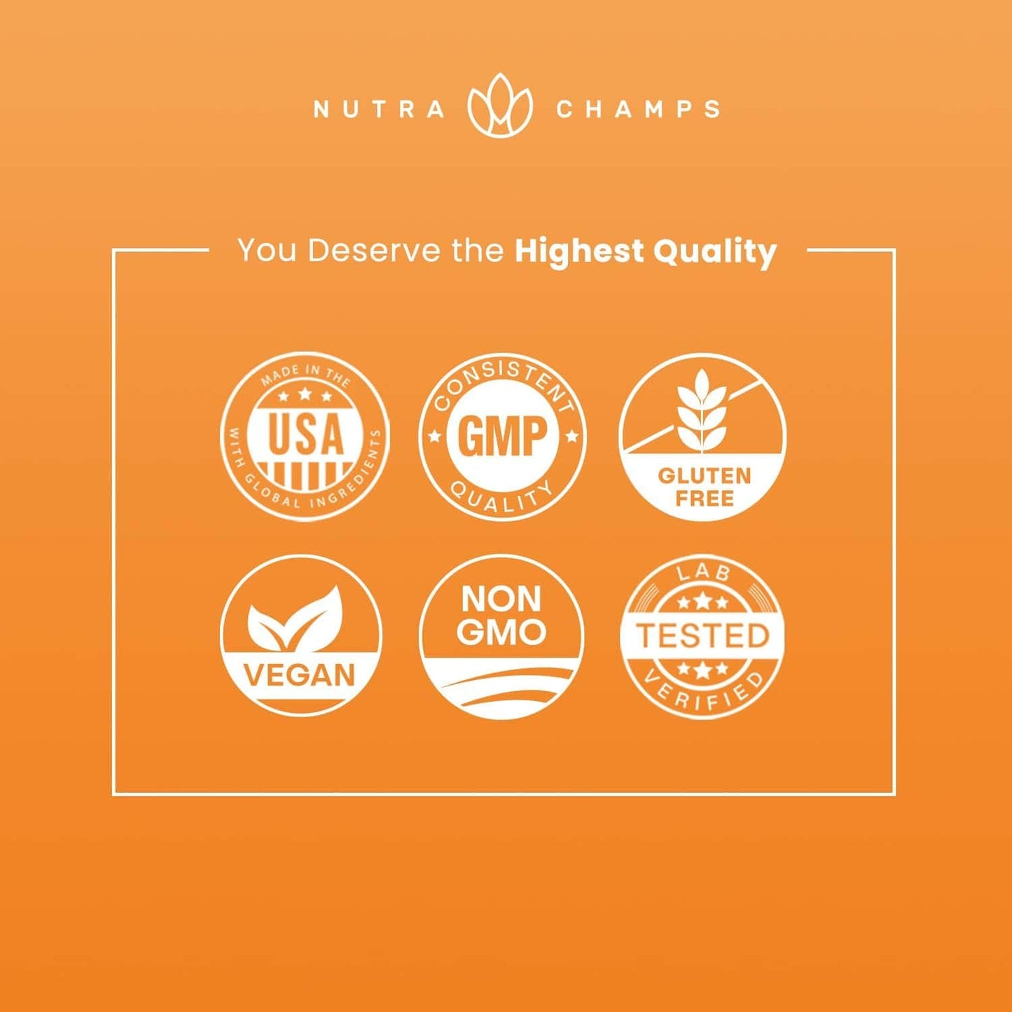 Nutra Champs quality assurance icons on an orange background