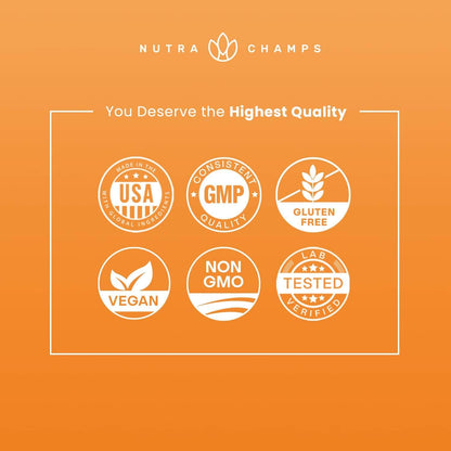 Nutra Champs quality assurance icons on an orange background