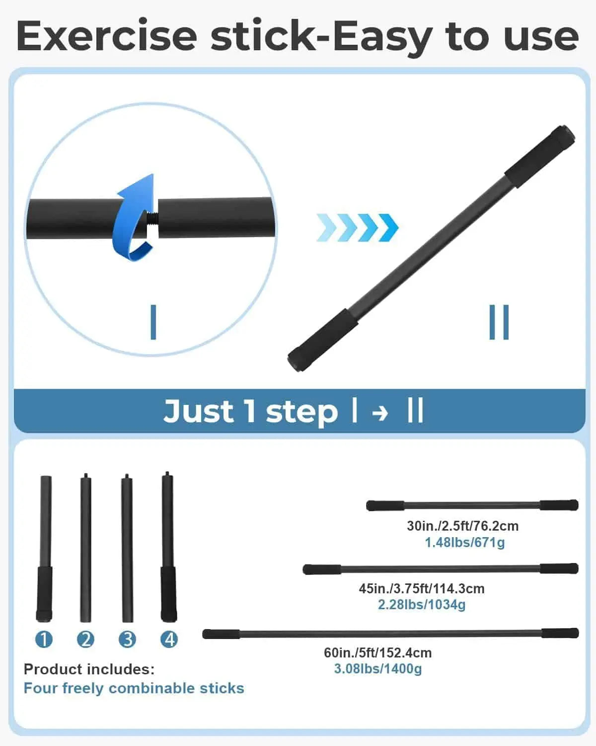 Exercise stick with assembly instructions and product details on a blue background